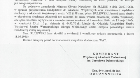 Rozkaz komendant Wojskowej Akademii Technicznej ws. Jana Rulewskiego